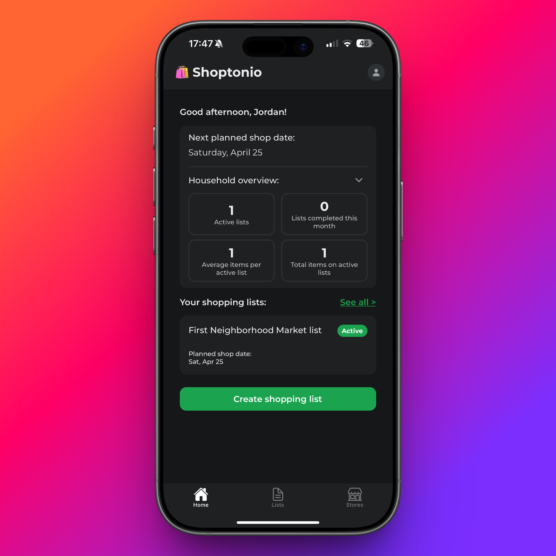 Shoptonio home screen showing lists and trips